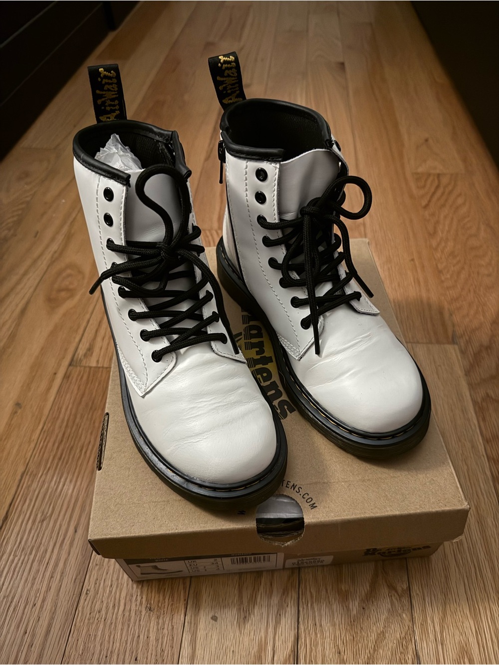 Dr. Martens White Leather Lace-Up Combat Boots with Black Laces
